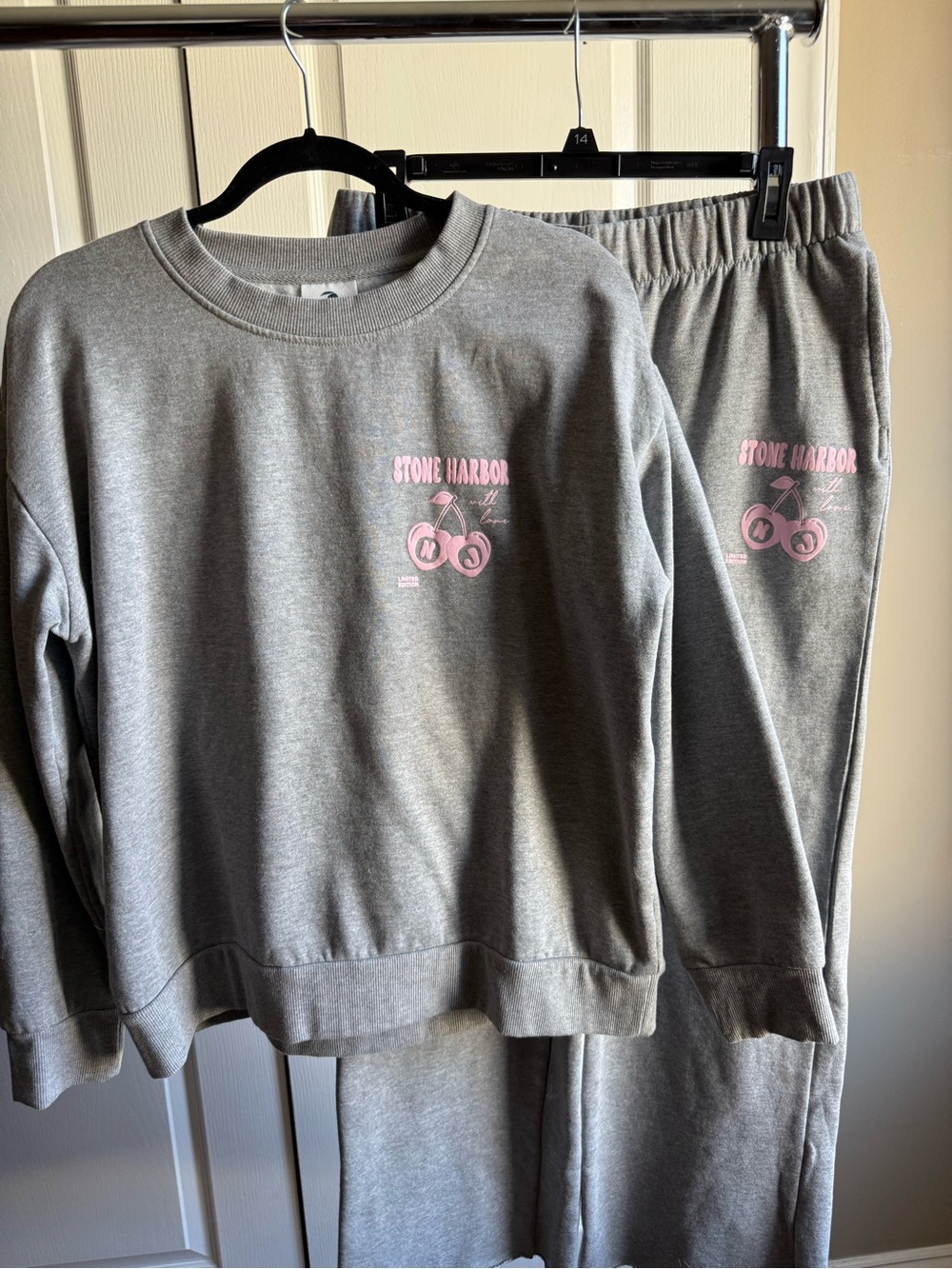 Stone Harbor Gray Sweatshirt & Jogger Pajama Set - Pink Cherry Graphic